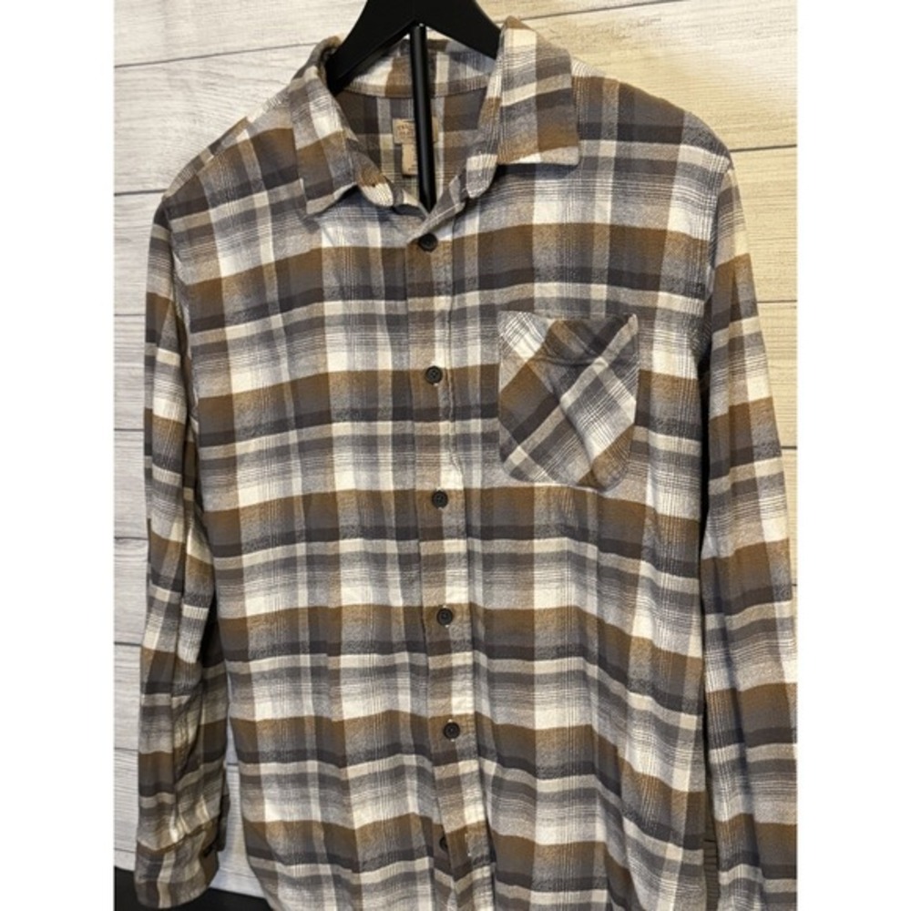 Telluride Clothing Co Flannel Shirt Men's L Brown Gray Cream Plaid‎ 100% Cotton